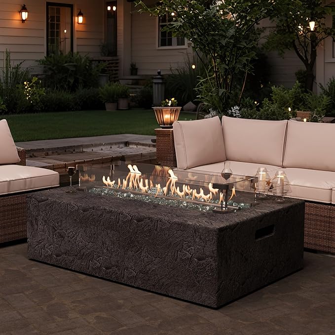 2-Piece Outdoor Propane Fire Pit Table Set – Premium Slate-Like MgO Finish, 48-Inch Gas Fire Table with Glass Wind Guard for Patio, Garden & Backyard, Includes Rain Cover & Glass Beads