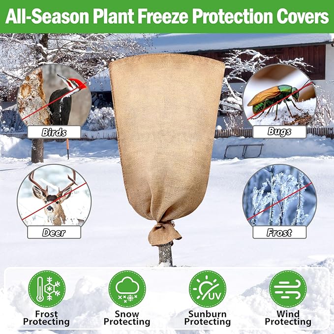 Legigo 3 Pack 24 X 40 Inch Burlap Plant Covers Freeze Protection Bags, Winter Plant Frost Covers with Drawstring, Reusable Tree Covers Burlap Frost Cloths Protection for Outdoor Plants Shrubs Fruit