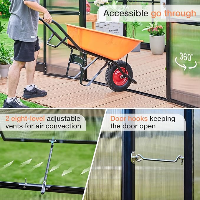 AMERLIFE 14x9.5x9FT Walk-in Polycarbonate Greenhouse with Quick Connector, Fast Assembly Aluminum Greenhouse for Outdoors, Swing 2 Doors, Black