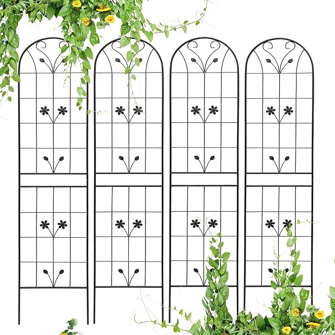 4 Pack Metal Garden Trellis 86.7" Tall Outdoor Climbing Plant Support for Roses, Flowers, Rustproof Durable Black Galvanized Tube, Lawn Garden Fence Decor Screen (4, Daisy-86.7" H)