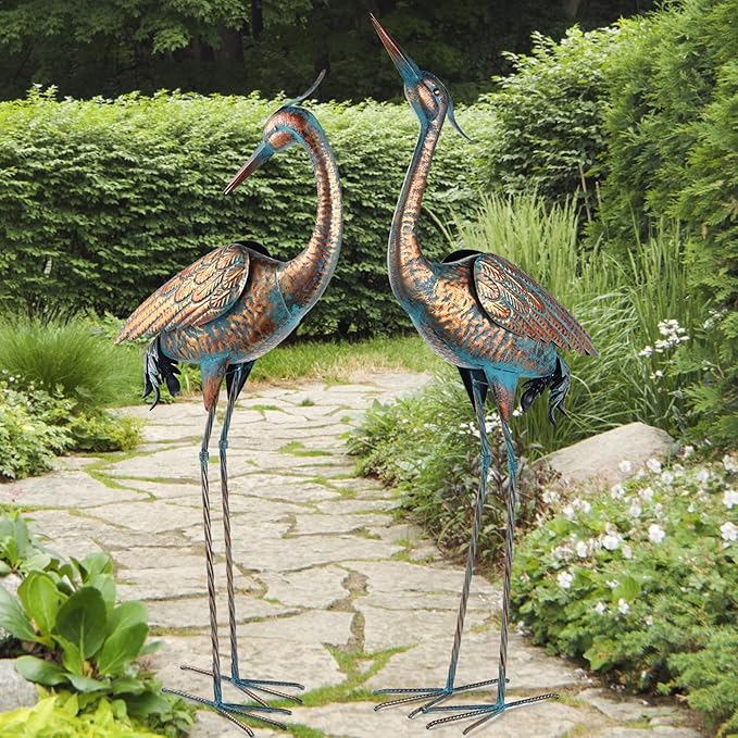 chisheen Garden Crane Statues Blue Heron Metal Yard Art Outdoor Decoration,Large Sculptures for Lawn Patio Porch,39-44 inch,Set of 2