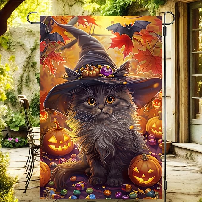 Halloween Cat Garden Flag Fall Garden Flags for Outside 12x18 Double Sided Autumn Harvest Pumpkin Yard Flags Fall Cute Kitten Garden Flag Fit Well With Any Outdoor