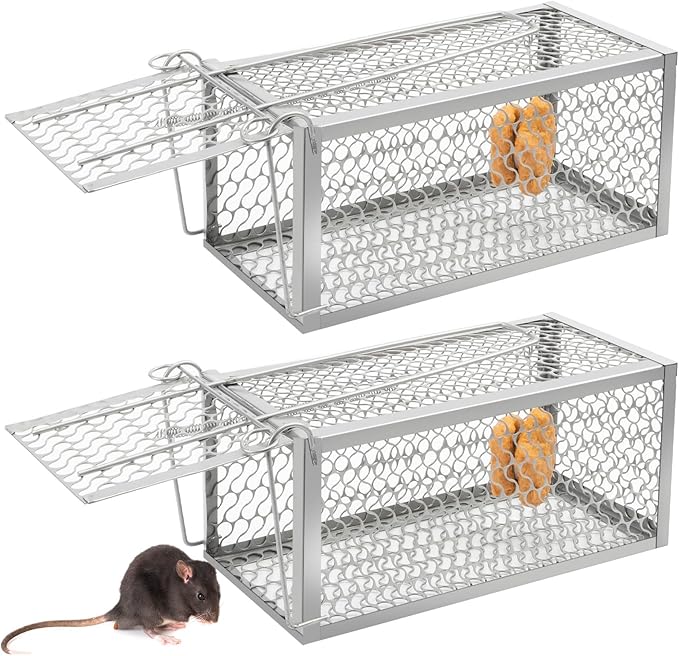 Qualirey 2 Pcs Humane Rat Trap Chipmunk Rodent Mouse Squirrel Trap Small Live Animal Mouse Voles Hamsters Live Cage Rat Mouse Cage for Mice Easy to Catch and Release (Silver)