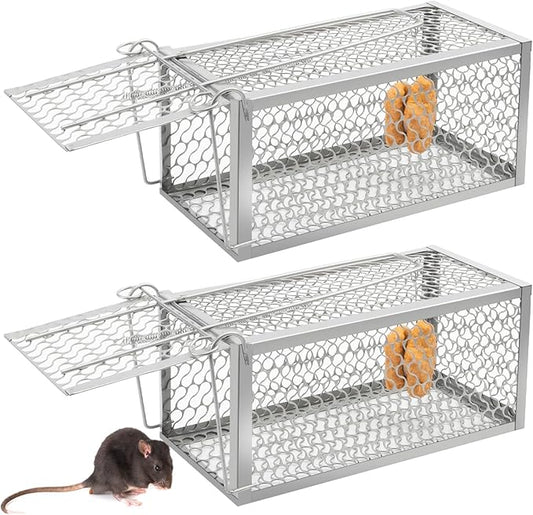 Qualirey 2 Pcs Humane Rat Trap Chipmunk Rodent Mouse Squirrel Trap Small Live Animal Mouse Voles Hamsters Live Cage Rat Mouse Cage for Mice Easy to Catch and Release (Silver)