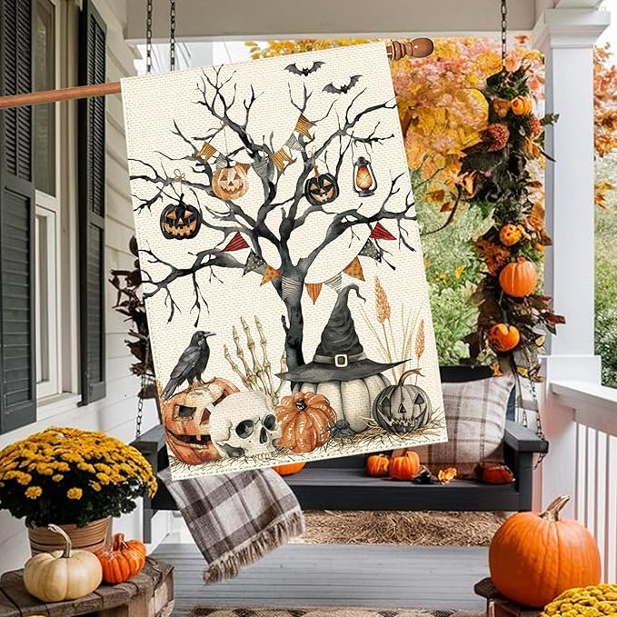 Halloween Black Tree Pumpkin Welcome Garden Flag 28 x 40 Inch Double Sided, Skull Crow Seasonal Burlap Large Yard House Flag Farmhouse Seasonal Holiday Patio Outdoor Outside Decoration