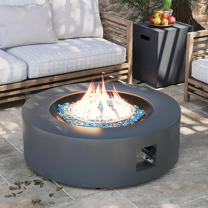 UPHA 42-inch Outdoor Propane Gas Fire Pit Table 50000 BTU Iron Round Firepit for Outside Patio with Tank Hidden Table, Removable Lid, Blue Glass Rocks, Rain Cover, Dark Grey