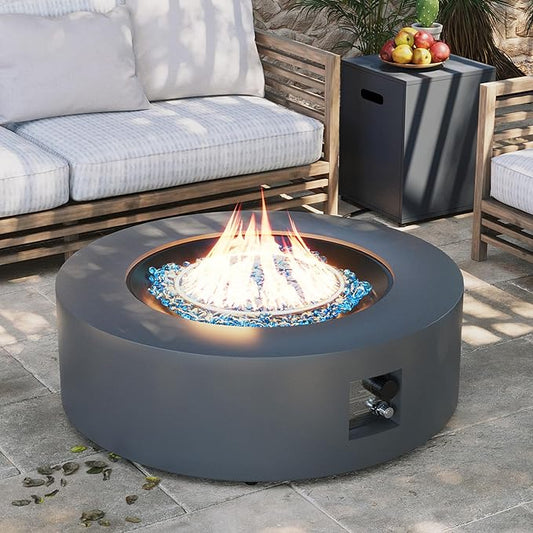 UPHA 42-inch Outdoor Propane Gas Fire Pit Table 50000 BTU Iron Round Firepit for Outside Patio with Tank Hidden Table, Removable Lid, Blue Glass Rocks, Rain Cover, Dark Grey