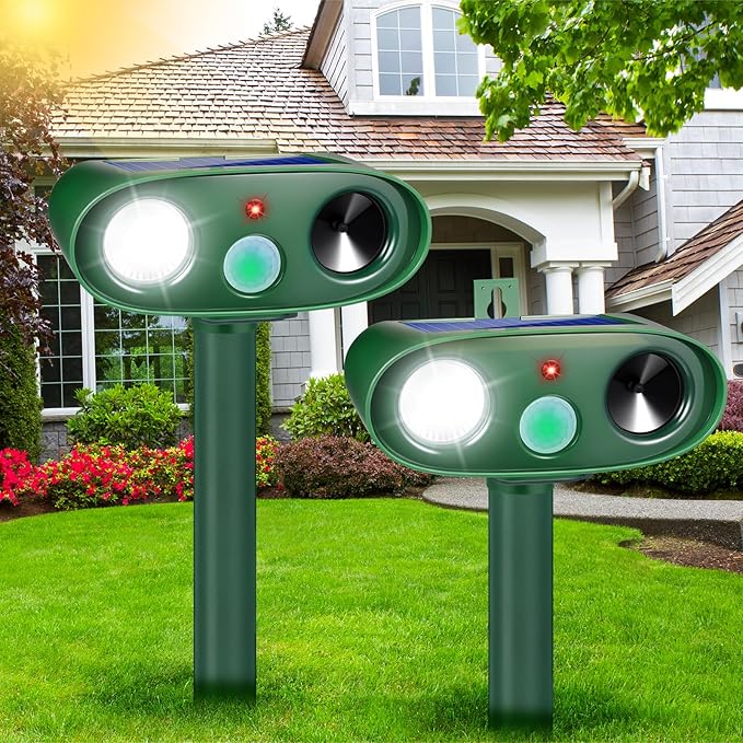 2025 2Pack Cat Repellent Outdoor Ultrasonic Animal Repellent Solar Animal Repeller with LED Flashlight&Motion Sensor Deer Repellent Device to Scare Fox Dog Squirrel Skunk Rabbit Raccoon