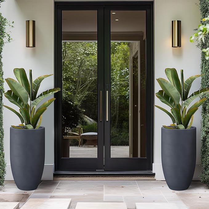 Kante 24 Inch Tall Round Concrete Planter, 2 Pack Large Indoor Outdoor Plant Pots with Drainage Hole and Rubber Plug, Modern Decorative Garden Pots for Home Patio Porch, Charcoal