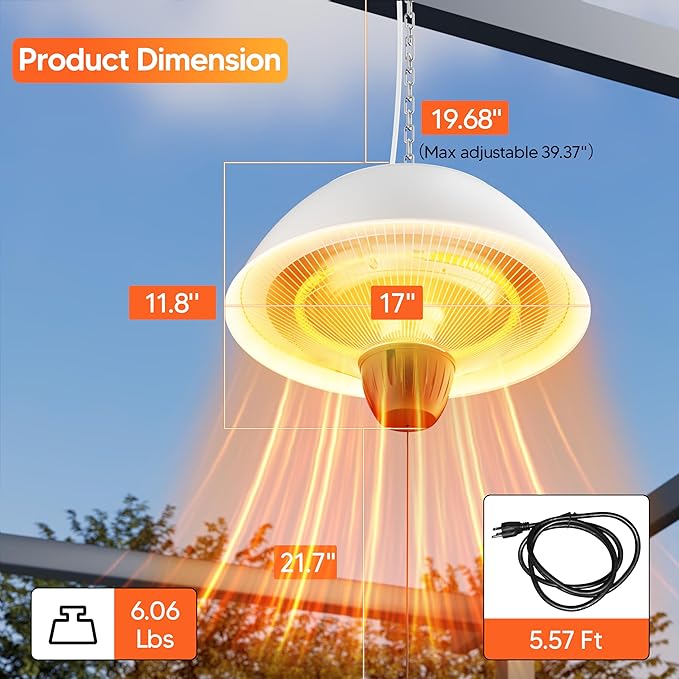 Electric Outdoor Heater, 1500W Hanging Ceiling Mounted Infrared Patio Heater for Outdoor Use, Waterproof Electric Heater for Porch, Balcony, Garage, Adjustable Height, White
