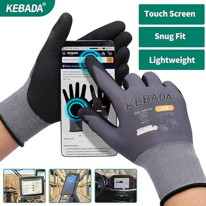 Kebada W2 Micro-Foam Coated Work Gloves, Touchscreen Working Gloves with Grip, Idea for Package Handling, Gardening, and Construction, 6 Pairs, Small