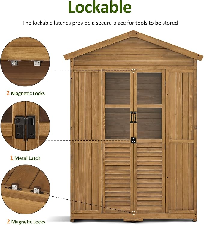 Macrout Outdoor Storage Cabinet, 78 Inches Outside Storage Shed with 6 Shelves, Wooden Garden Shed with Lockable Door for Yard Patio Lawn, 1743