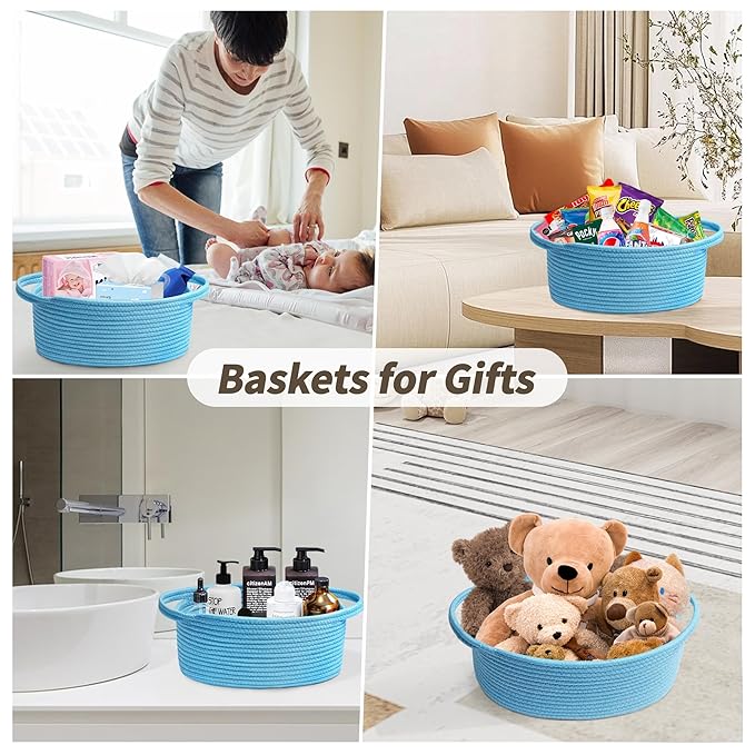 Pro Goleem Small Woven Basket with Gift Bags and Ribbons Durable Baskets for Gifts Empty Small Rope Basket for Storage 12"X 8" X 5" Baby Toy Basket with Handles, Blue