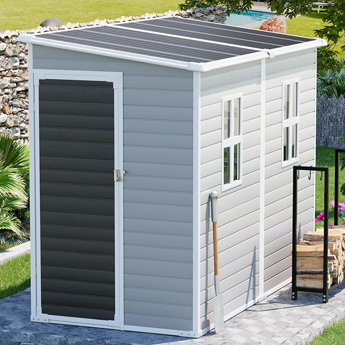 CDCASA 4x8 FT Resin Lean to Shed, Waterproof Outdoor Storage Shed with Floor & Lockable Door & Window, Plastic Tool Shed for Outside, Backyard, Patio, Poolside, Bike, Grey