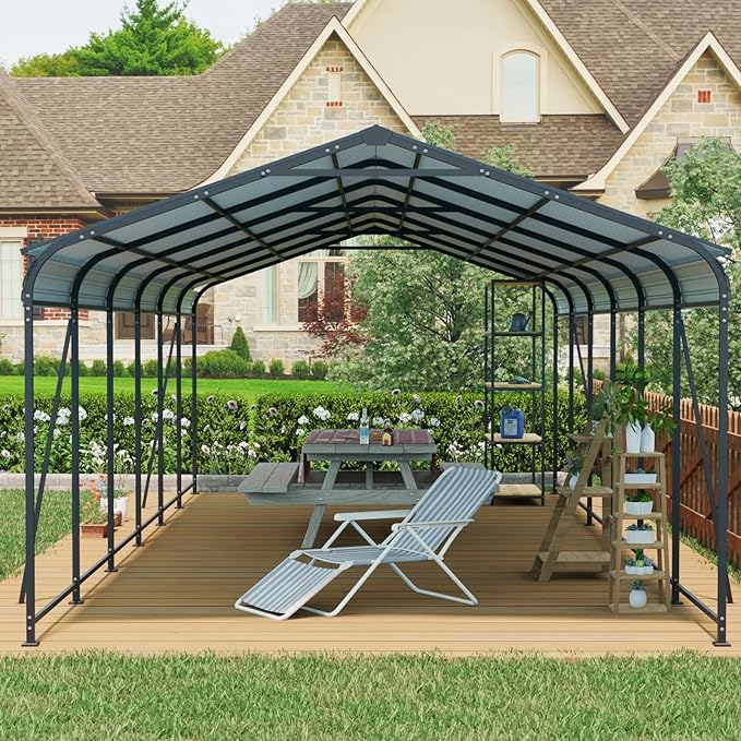 12x32 FT Metal Carport, Heavy Duty Car Port Canopy with Galvanized Steel Roof & Frame, Oversized Metal Carport Kit, Outdoor 2 Car Garage, Steel Car Shelter for Car, Boat, Truck, Charcoal