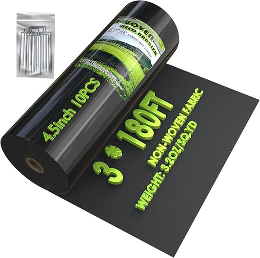 Heavy Duty Weed Barrier Landscape Fabric, 3.2OZ Non Woven Geotextile Fabric Weed Blocker Fabric,Layered Weed Control Mat for Gardening, Landscaping & Ground Cover,Black (3x180FT)