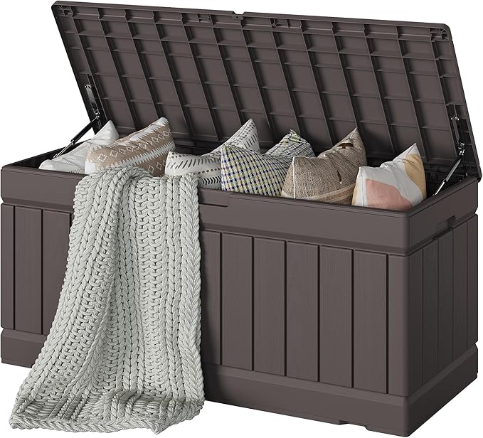 Devoko 78 Gallon Deck Box, Waterproof Resin Outdoor Storage Box for Outside and Patio, Outdoor Storage Bench Lockable for Patio Furniture, Garden Tools and Pool Supplies (Brown, 78 Gallon)