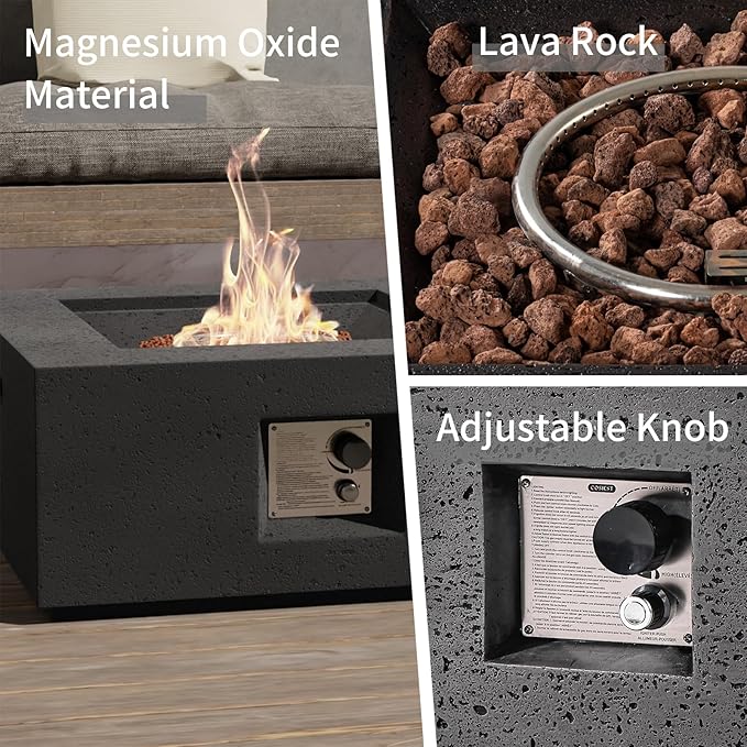 SUNBURY Outdoor Fire Pit, 28" Square Propane Gas Patio Fire Table 40,000 BTU Concrete Travertine Design, CSA Certified, Small Firepit Table with Lava Rocks, Waterproof Cover (Grey)