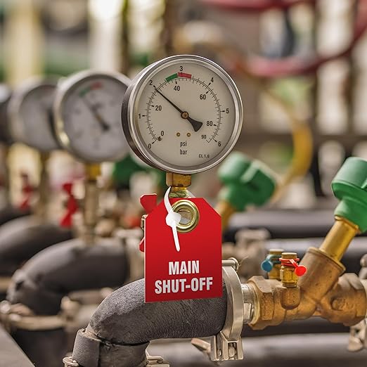 AccuformNMC Shut Off Valve Tags, Main Shut Off (Pack of 5), 2.5" H x 2" W, Red Plastic Double Sided Pipe Tags with Metal Grommet, TDW216