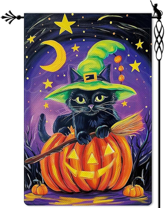 Happy Halloween Garden Flag Black Witch Cat Flag Moonlight Ghost Pumpkin Vertical Double Sided Rustic Farmland Burlap Yard Lawn Outdoor Decor 12.5x18"