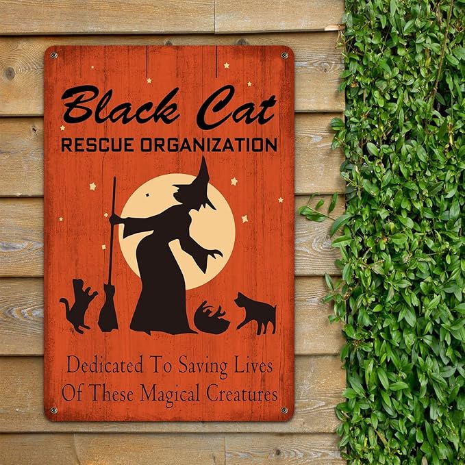 Halloween Decor Black Cats Rescue Metal Sign Vintage Tin Sign Party Decoration Gothic Room Decor 8X12 Inch