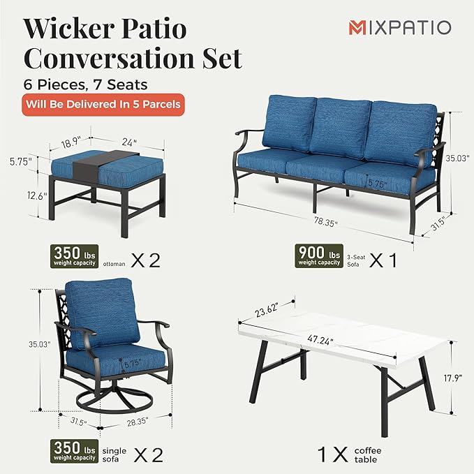 Patio Furniture Set 6 pcs, Outdoor Patio Furniture, 3-Seat Sofa, 2 Swivel Chairs, 2 Ottomans, Coffee Table and 5.75" Extra Thick Cushion, Conversation Set for Backyard Deck, Gemstone Blue