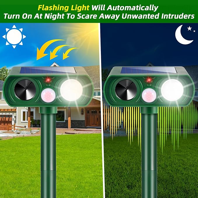 2 Pack Solar Ultrasonic Animal Repellent Raccoon Fortress Pro Outdoor, Deer Repellent with Motion Sensor & Strobe Light,Waterproof Cat Dog Squirrel Rabbit Deterrent for Garden Yard