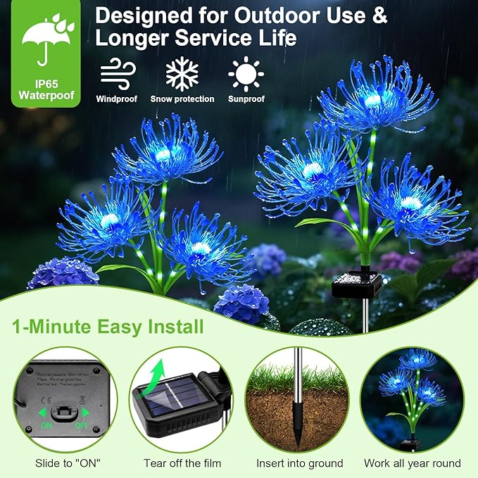 Solar Outdoor Lights Blue Spider Lily – 4 Pack 12-Head Waterproof Garden Flower Lights with Glowing Stems,Decorative Solar Powered Yard,Patio & Lawn Decor,Halloween & Gardening Gifts for Women Grandma