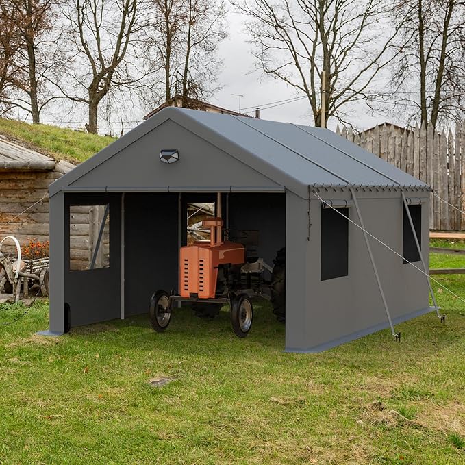 12x20 Carport Canopy, Heavy Duty Car Port, Portable Car Ports Garage with 2 Roll-Up Zipper Drive Through Doors, Grey
