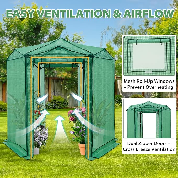 EAGLE PEAK 6.6x6.6 ft Hexagon Pop up Greenhouse, Portable Walk-in Grow Tent for Seed Starting, Garden Plants, Indoor Outdoor Green House, All-Weather Plant Shelter, PE Cover, Green/Clear