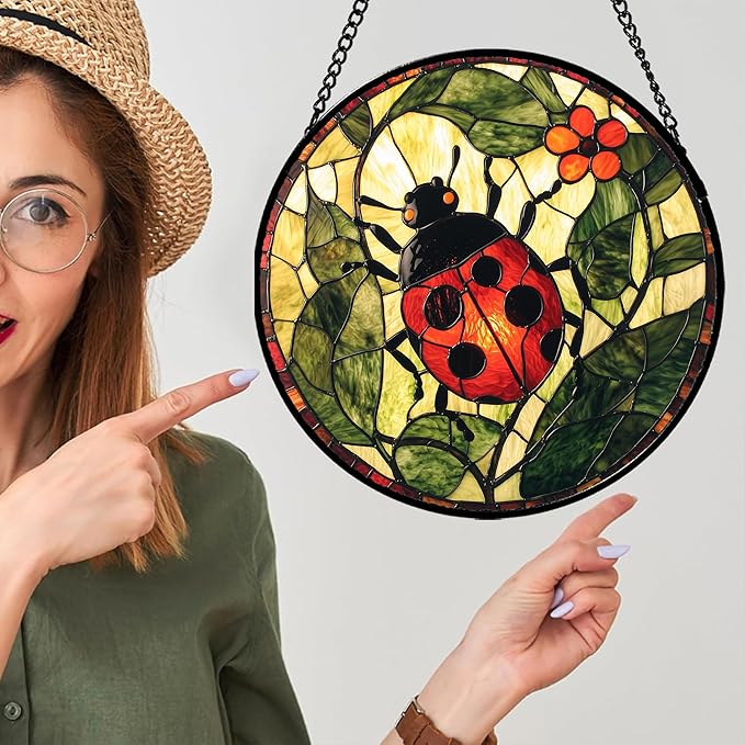 Stained Glass Window Hanging - Red Ladybug Green Plant Flower Sun Catcher for Door Home Decor Insect Suncatcher Christmas Mother's Day Birthday Gifts for Women Men Mom Nana 6.3 in