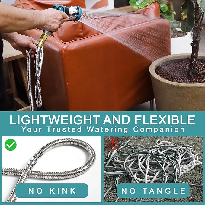 50FT Garden Hose, 304 Stainless Steel Water Hose, Flexible with a 10-Mode Nozzle Sprayer, No Kink, Lightweight, Puncture Proof, Ideal for Yard, Lawn, Outdoor, 5/8 Outside Diameter