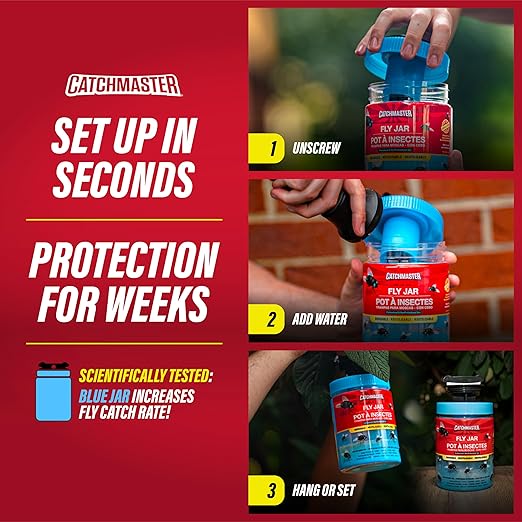 Catchmaster Outdoor Reusable Fly Traps Outdoor with Bait Included – 2 Non-Toxic, Pet Safe Hanging Fly Jars – Bug Catchers for Yard, Patio & Trash – Sets Up in Seconds