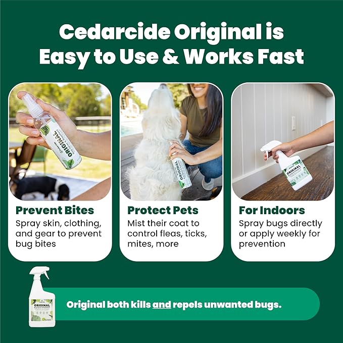Cedarcide Original: Eco-Friendly Bug Spray - Repel & Kill Fleas, Ticks, Mosquitoes, Mites, Ants & Chiggers - for use on People, Pets & Home - Natural Cedar Oil - Pint