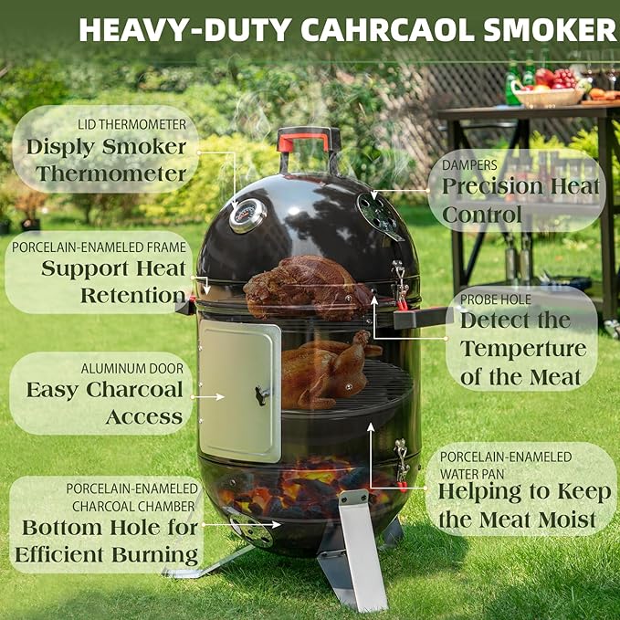 Sophia & William 18-Inch Vertical Charcoal Smokers BBQ Grills with Porcelain-Enameled Smoking Chamber & 2-Layer Smoking Shelves, Outdoor Smokers & Tabletop Grill Combo for Barbecue Camping(Black)