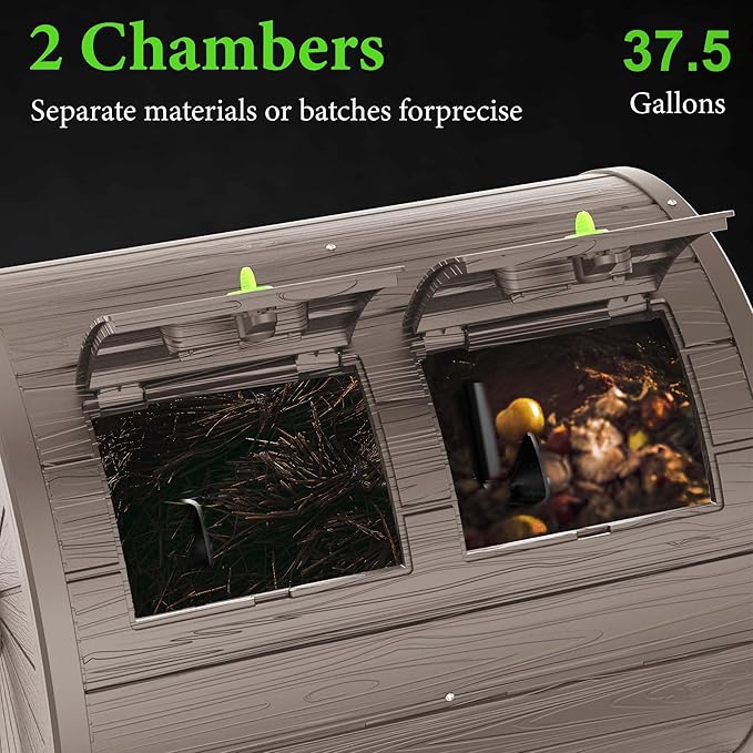 Dual-Chamber Outdoor Compost Tumbler, 37.5-Gallon Efficient Rotating Composter, UV-Resistant and Weatherproof, for Garden, Kitchen, and Yard (Grey)