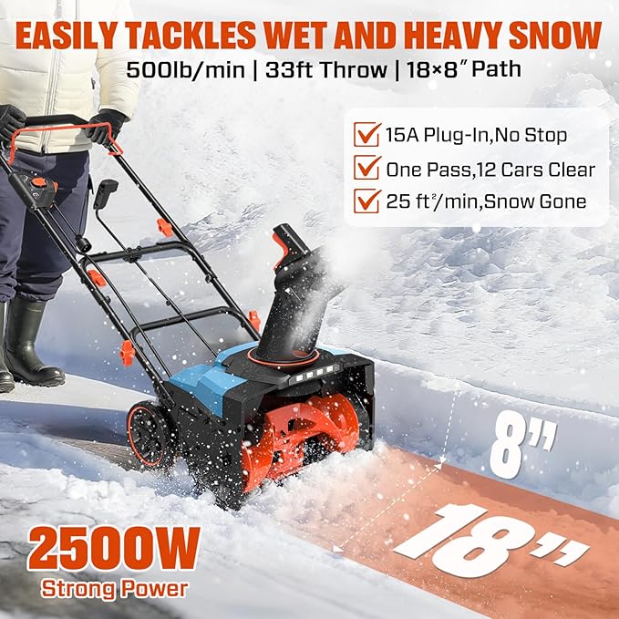SENIX Electric Snow Blower,18 Inch Snow Thrower, Corded Snow Blower with 8-Inch Clearing Depth, 500lbs/min, 33ft Max Throw Distance, 15Amp 1700 Watt Motor, 4 LED Lights (STE14-M)
