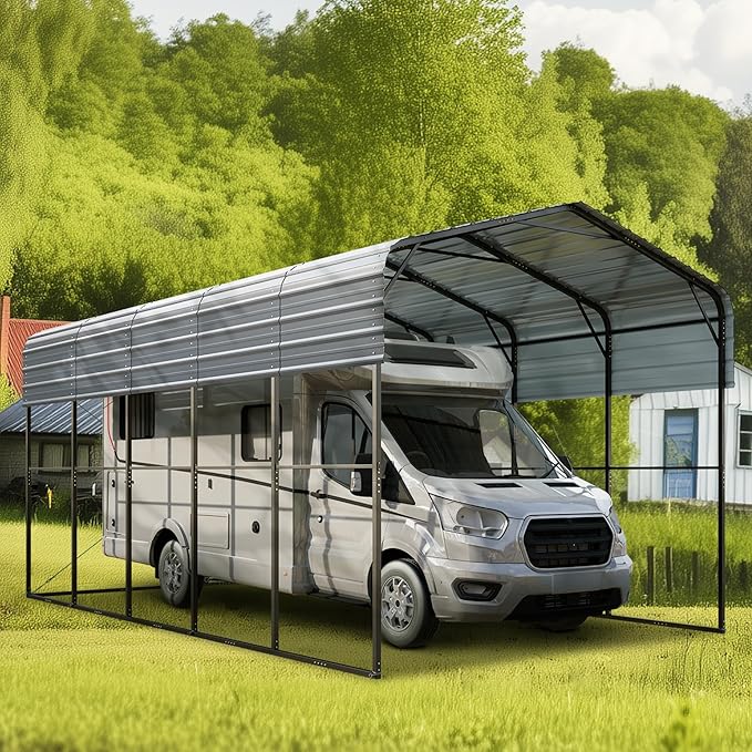 GREEN PARTY 14 x 25 ft Metal RV Carport Kits with Galvanized Steel Roof, Heavy Duty 2 Car Outdoor Car-Shed Canopy, Car Tent Metal Garage Shelter for RV, SUV, Truck, Tractors and Boats, Gray