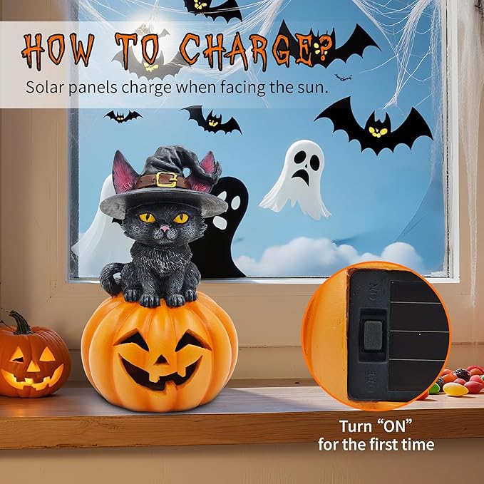 Halloween Cat Decorations in Pumpkin: 6.1'' Indoor Ornament with Witch Hat for Home Office Fireplace Party Ideal Gift for Cat Lovers (Male)