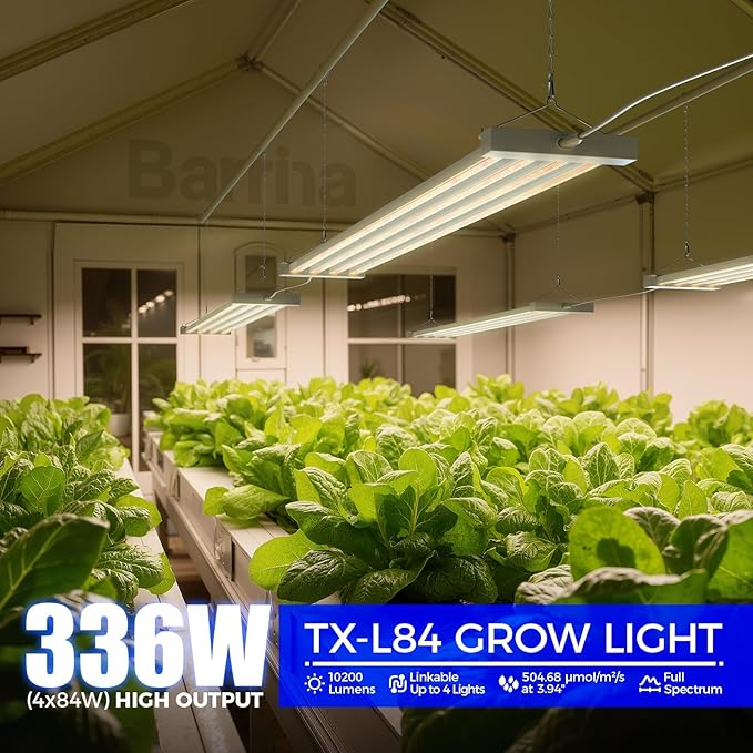 Barrina TX-L84 4FT LED Grow Light, 336W (4 x 84W), 4 Panel Wider Coverage, Full Spectrum, High PPFD, Mechanical Timer, Linkable, Hanging Light, Plant Stand with Grow Light for Indoor, Seeding, 4 Packs