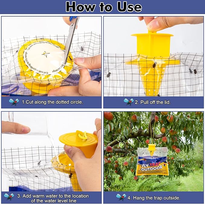 Disposable Fly Traps Bags 4 Pack Hanging Outdoor, Flies Traps with Natural Pre-Bait Refill Catcher Repellent, Stable Horse Ranch Killer Helps Control