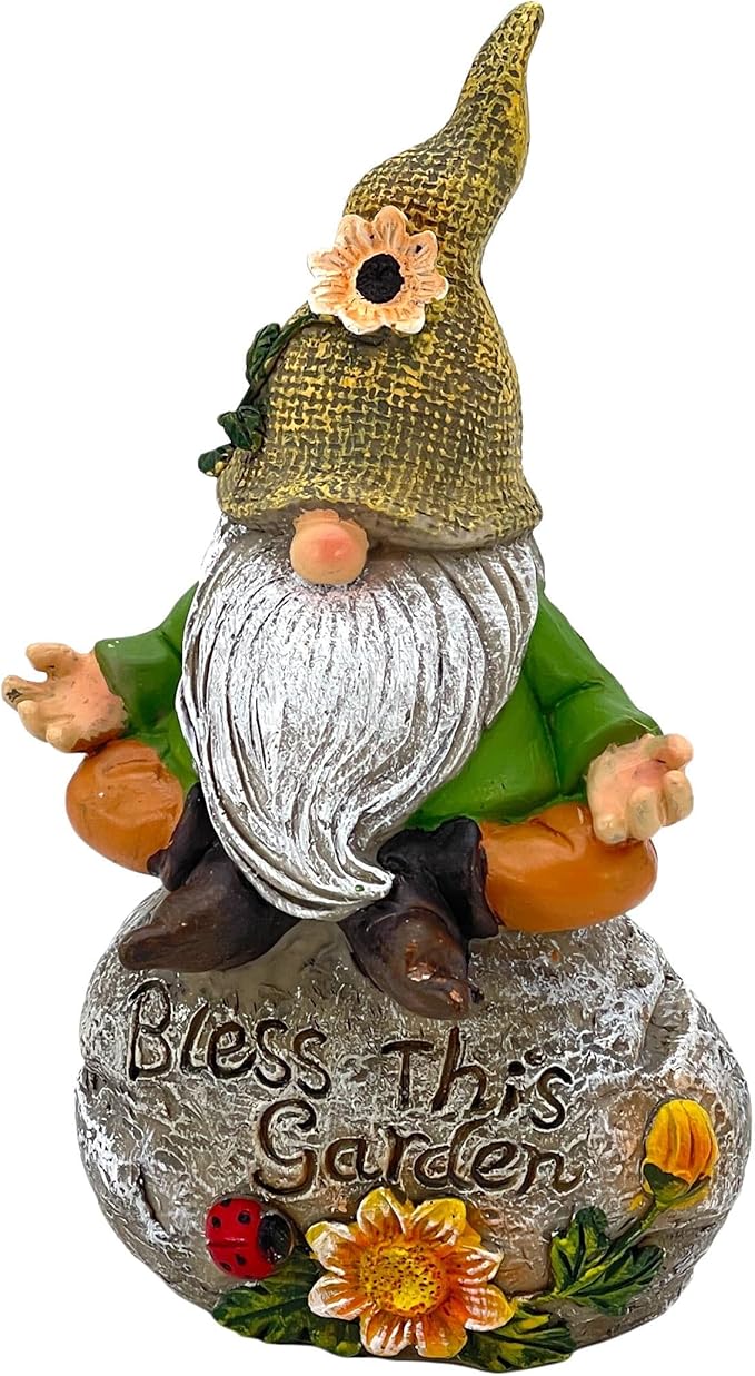 Galt International Bless This Garden Stone Meditating Garden Gnome Statue 8" - Hand Painted Décor for Outdoor Patio Lawn Ornaments Birthday Housewarming Gift