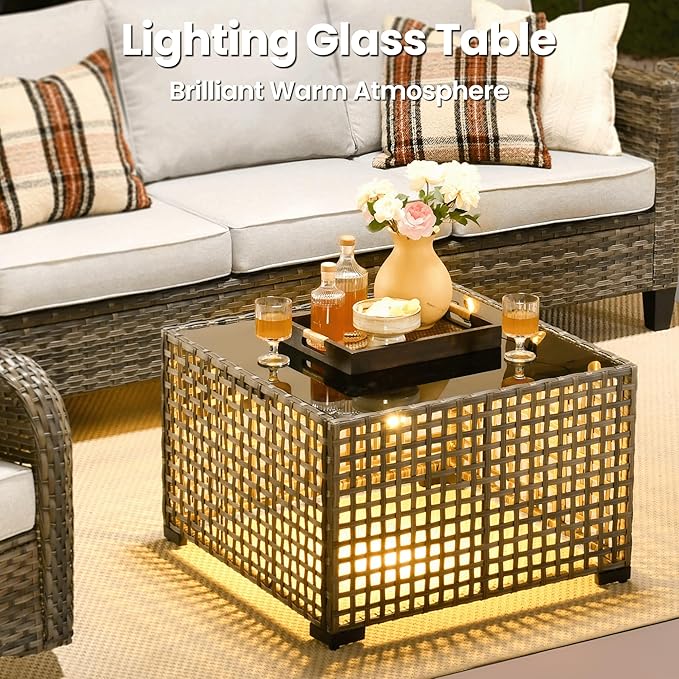 ovios 8 Pieces Patio Furniture Set, Outdoor Wicker Sofa Couch with Rocking Swivel Chairs Solar Lights Table, Modern Deep Seat Rattan Conversation Sets for Porch Deck, Grey