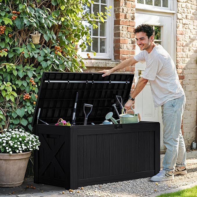 Greesum 120 Gallon Deck Box, Resin Outdoor Storage Container for Patio Furniture, Garden Tools, Pool Accessories, Weatherproof, Lockable, Black
