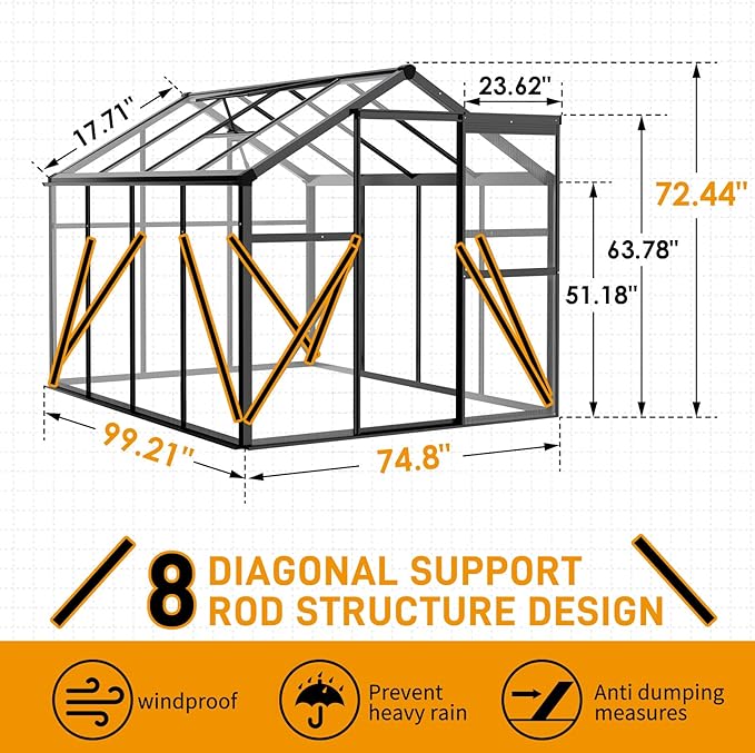 VINGLI 6x8 FT Heavy Duty Polycarbonate Greenhouse with 5 Roof Vents, Aluminum Frame, Black