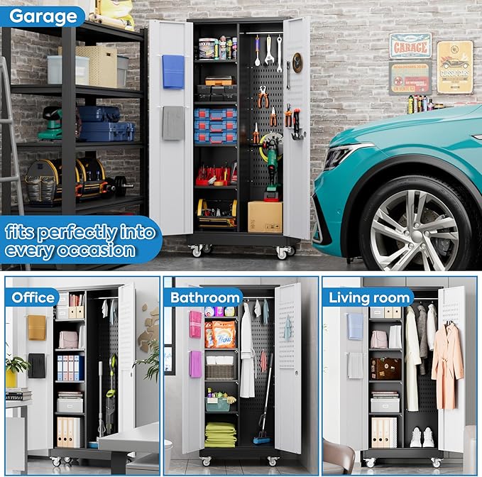 71" H Broom Closet Storage Cabinet with Wheels and Pegboard,Metal Garage Storage Cabinet with Lockable and Magnetic Doors,Adjustable Shelves for Garage Home Office,Required Assembly,Black and White