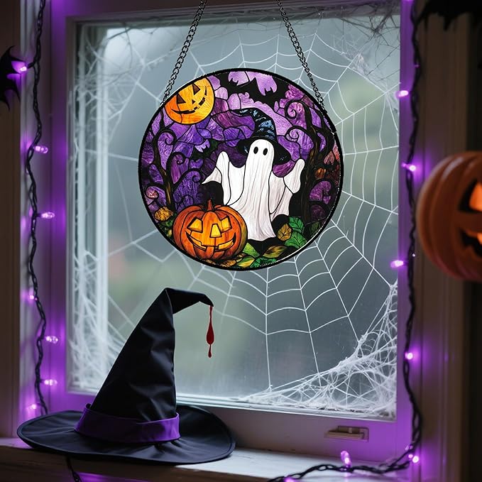 Stained Glass Window Hanging Halloween White Ghost Black Bat 7.8" - Suncatcher Door Garden Sunroom Horror Pumpkin Sun Catcher Birthday for Friend Mom Men Woman Nana