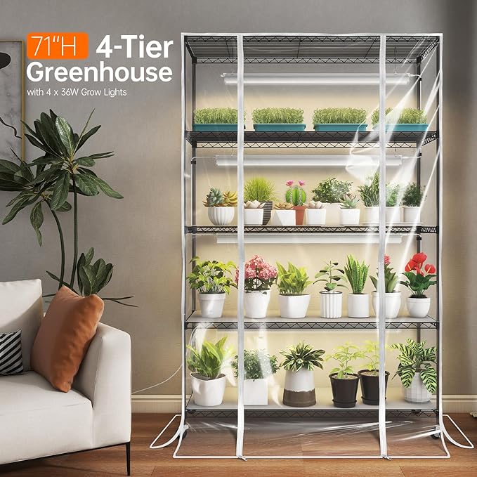 Indoor Greenhouse with Grow Light, Tall Plant Stand with 4 Pack Full Spectrum Plant Lights, 3 Color Modes, Plant Shelf with Tent for Indoor Plant, Seed Starting, Seed Tray, 47.2"x17.8"x70.9"