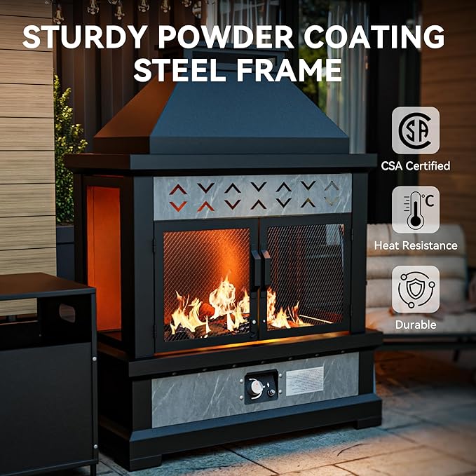 35" Outdoor Propane Fireplace with Tank Storage, 50,000 BTU Outdoor Gas Fire Pit with CSA Certified, Dust Cover, Smokeless Ceramic Wood, Adjustable Flame for Patio, Garden, Deck, Grey