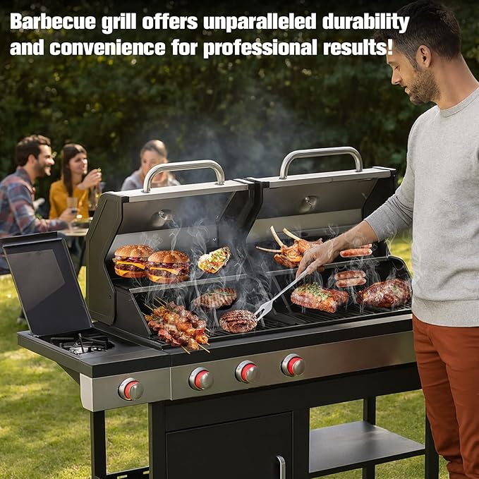 CIG GARDEN 3 Burner Propane Gas and Charcoal Grill Combo with Side Burner,Dual Fuel BBQ Grill with Cast Iron Griddle,41,500 BTU Output Perfect for Outdoor Cooking, Balcony, Backyard,Camping